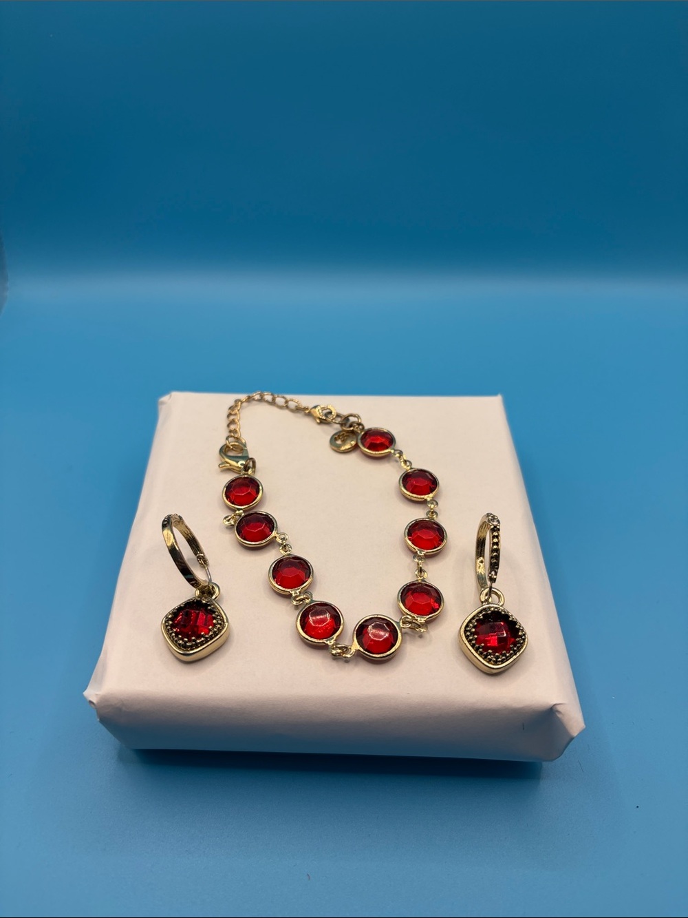 Napier Gold-Tone Bracelet and Drop Earrings with Red Stones